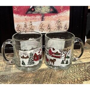 Vtg Christmas Village Snow Winter Scene Glass Mugs Made in USA Libbey Set of 2